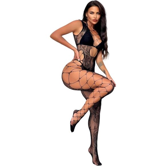 🆕Women Black One Piece Fishnet Body Stocking Lingerie Mesh Bodysuit Jumpsuit - Picture 1 of 4